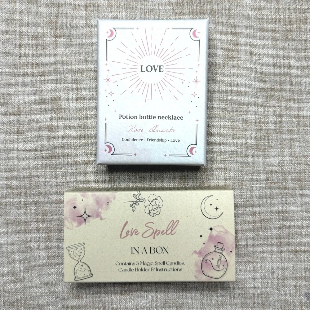 Rose Quartz Potion Bottle Necklace & Love Spell In A Box Ritual Gift Set Pink